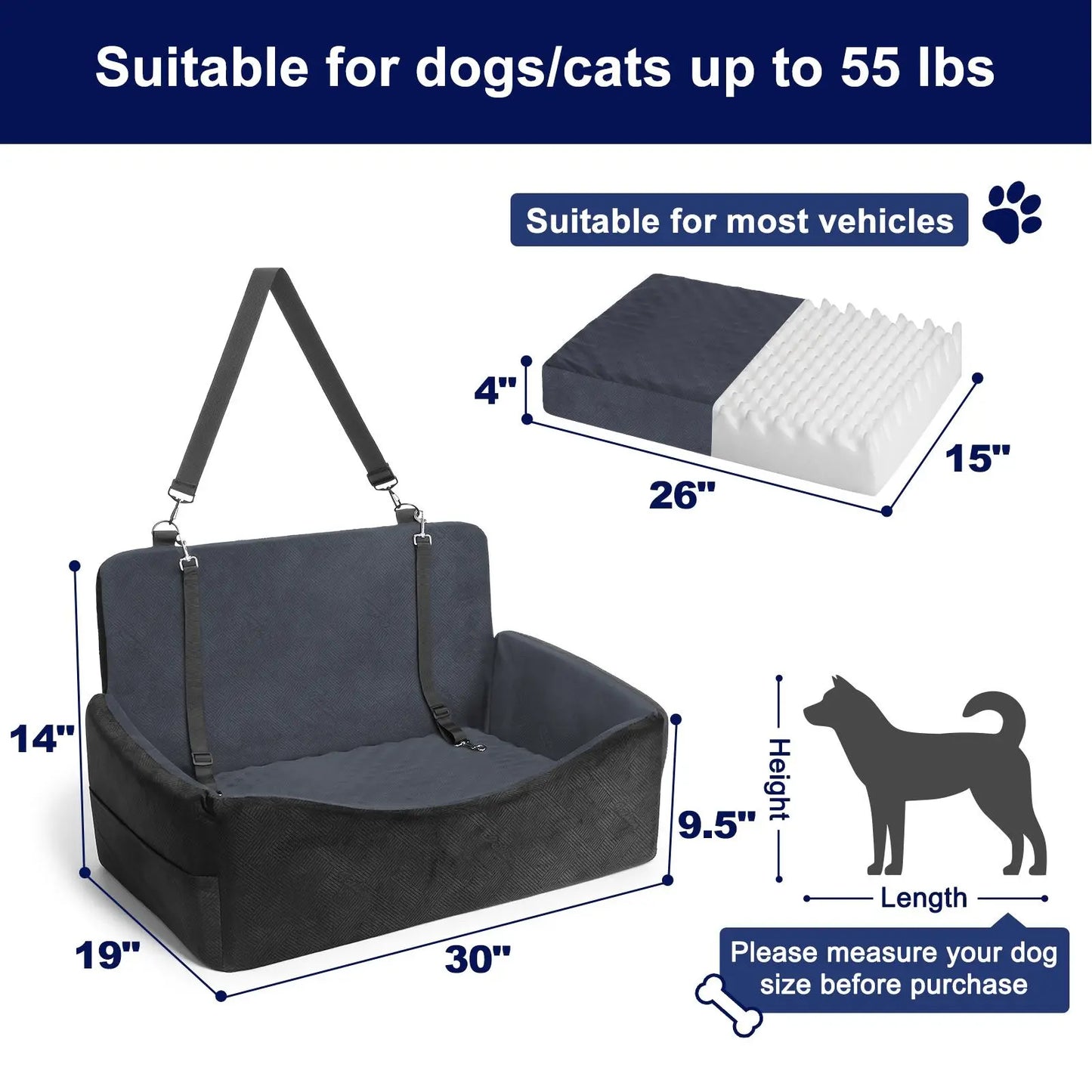 Luxury Memory Foam Dog Car Seat for Small to Medium Pets - Removable, Machine Washable, Adjustable Safety Leash, Soft Breathable Fabric, and Storage Pocket - Ideal for Travel in SUVs (Up to 30 lbs)