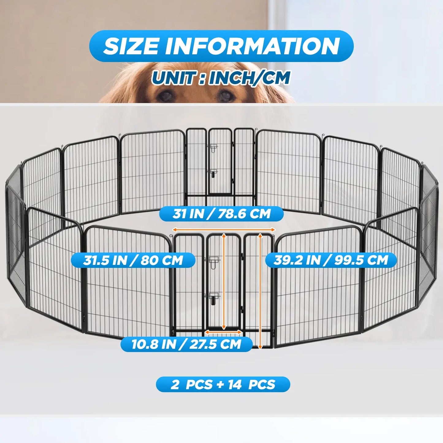 Heavy-Duty Metal Dog Playpen with Lockable Double Doors, Available in 4 to 16 Panels and Heights of 24", 32", and 40" for Indoor and Outdoor Use