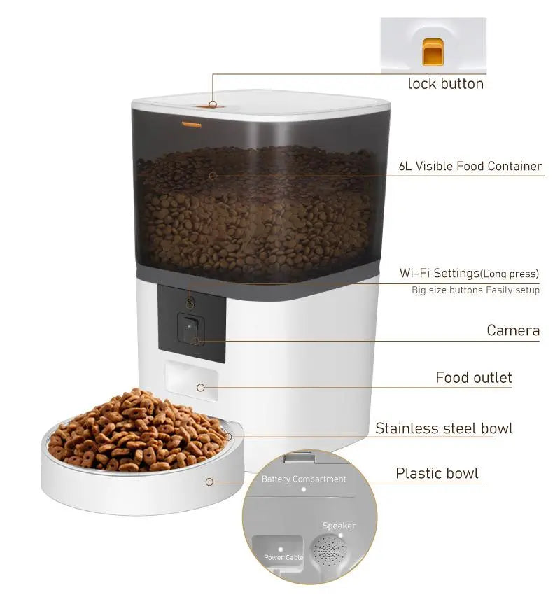 Automatic Smart Pet Feeder with Camera - App-Controlled Device for Dogs and Cats (4L/6L)