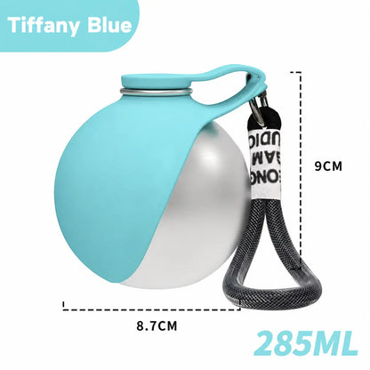 Stainless Steel Leak-Proof Pet Water Bottle with Integrated Drinking Basin - 285ml Ideal for Travel and Outdoor Activities