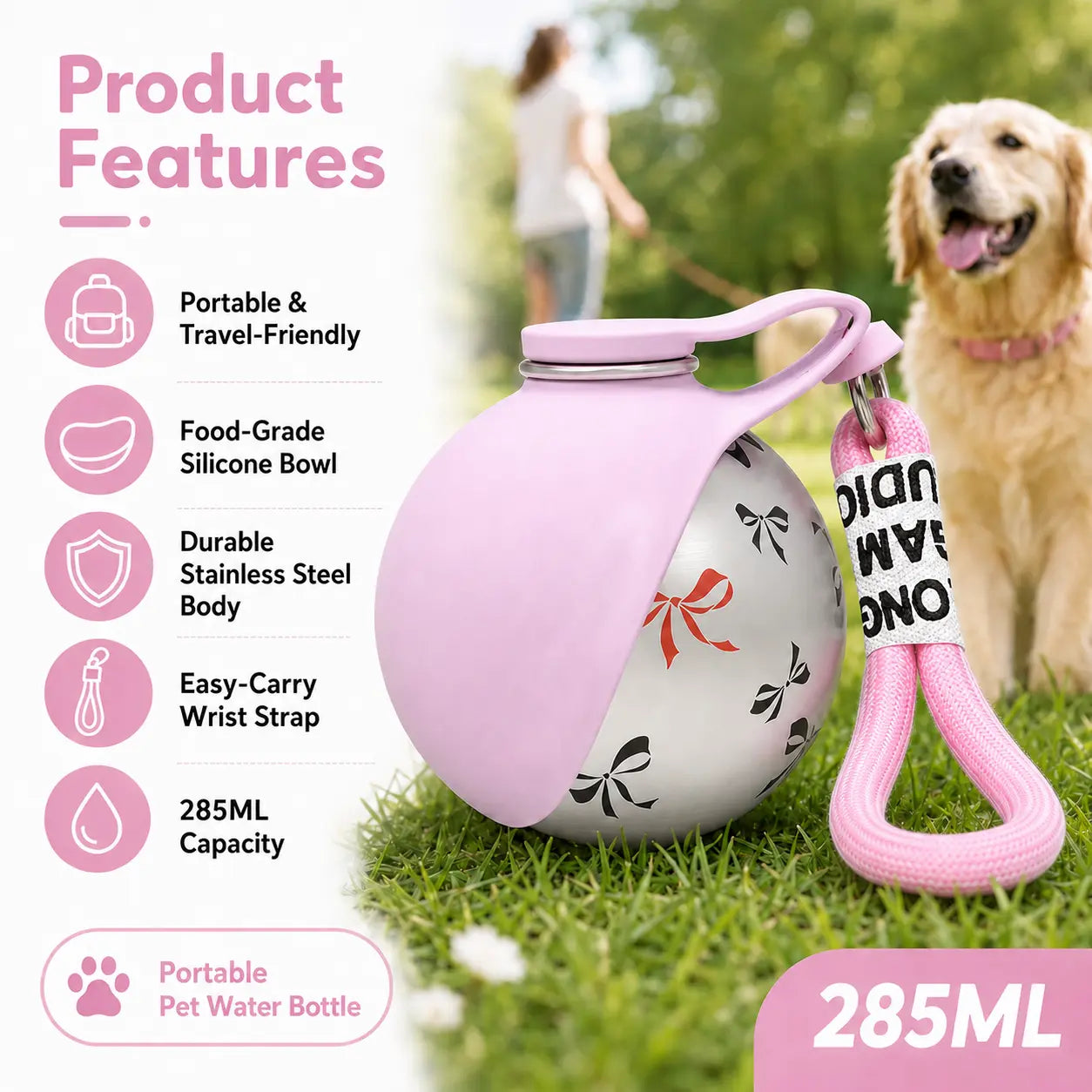Stainless Steel Leak-Proof Pet Water Bottle with Integrated Drinking Basin - 285ml Ideal for Travel and Outdoor Activities