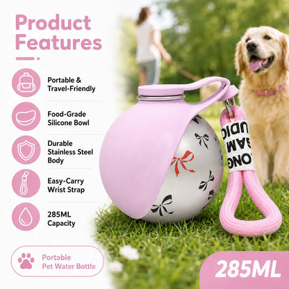 Stainless Steel Leak-Proof Pet Water Bottle with Integrated Drinking Basin - 285ml Ideal for Travel and Outdoor Activities