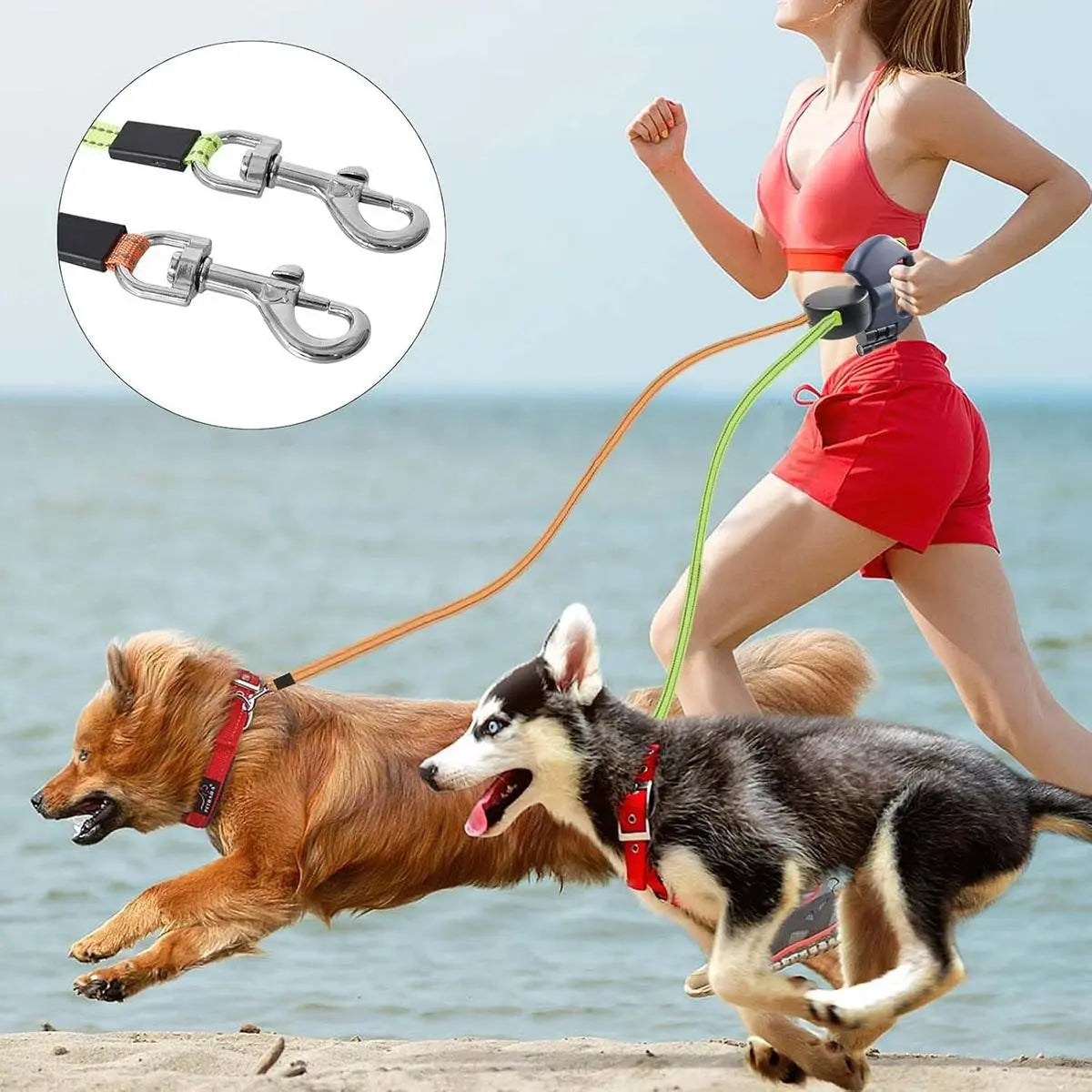 3-Meter Dual Dog Leash — a Retractable Leash Designed Specifically for Two Small Dogs, Featuring an Anti-Tangle Mechanism, a Built-In LED Light, and a Waste Bag Dispenser. It Boasts Reflective Elements, Supports Hands-Free Operation, and Is Ideal for Walk