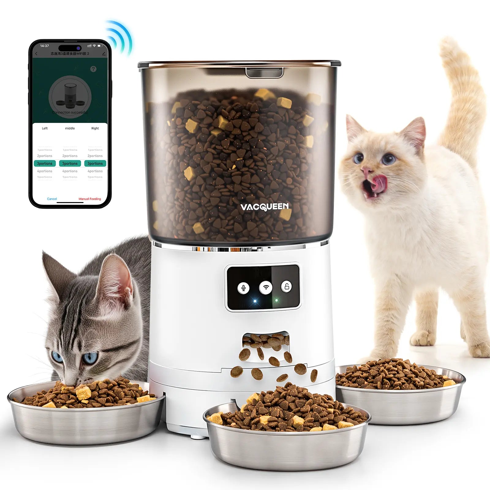 Vacqueen Smart Automatic Cat Feeder for Multiple Cats - Advanced Anti-Jam Technology, Dual-Effect Desiccant System, 6L Capacity with 10-Second Voice Recorder for Cats and Small Dogs