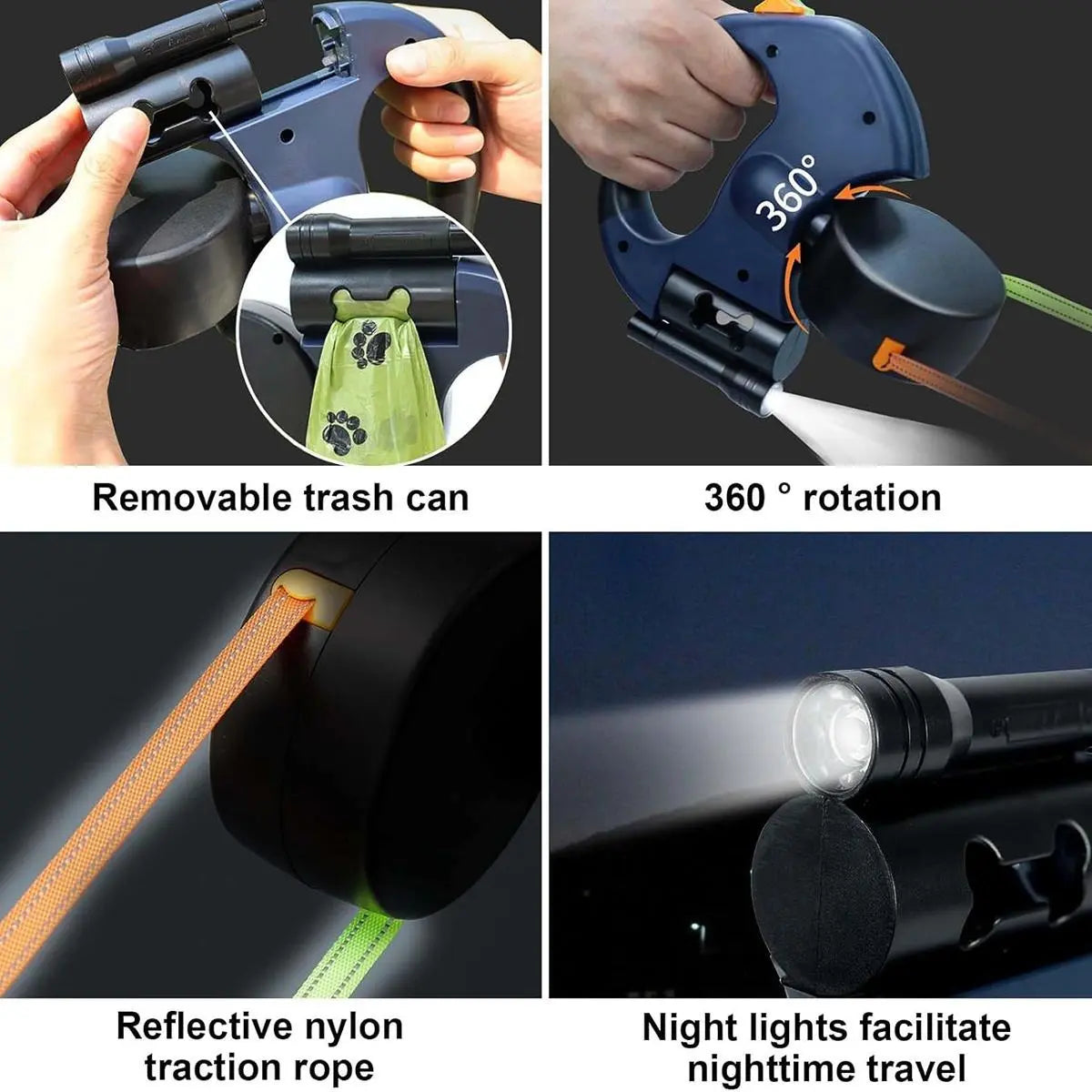 3-Meter Dual Dog Leash — a Retractable Leash Designed Specifically for Two Small Dogs, Featuring an Anti-Tangle Mechanism, a Built-In LED Light, and a Waste Bag Dispenser. It Boasts Reflective Elements, Supports Hands-Free Operation, and Is Ideal for Walk