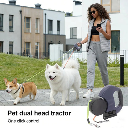 3-Meter Dual Dog Leash — a Retractable Leash Designed Specifically for Two Small Dogs, Featuring an Anti-Tangle Mechanism, a Built-In LED Light, and a Waste Bag Dispenser. It Boasts Reflective Elements, Supports Hands-Free Operation, and Is Ideal for Walk