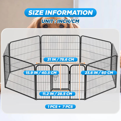 Heavy-Duty Metal Dog Playpen with Lockable Double Doors, Available in 4 to 16 Panels and Heights of 24", 32", and 40" for Indoor and Outdoor Use