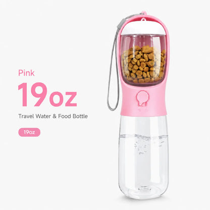 GMOX Portable Dog Water Bottle - Leak-Proof Dispenser with Integrated Bowl and Food Container, Made from Food-Grade Plastic for Outdoor Activities with Pets, Pink