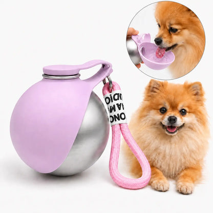 Stainless Steel Leak-Proof Pet Water Bottle with Integrated Drinking Basin - 285ml Ideal for Travel and Outdoor Activities