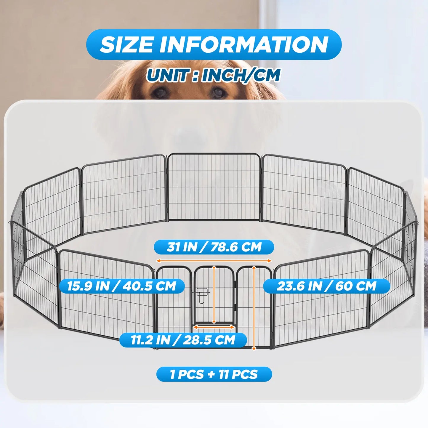 Heavy-Duty Metal Dog Playpen with Lockable Double Doors, Available in 4 to 16 Panels and Heights of 24", 32", and 40" for Indoor and Outdoor Use