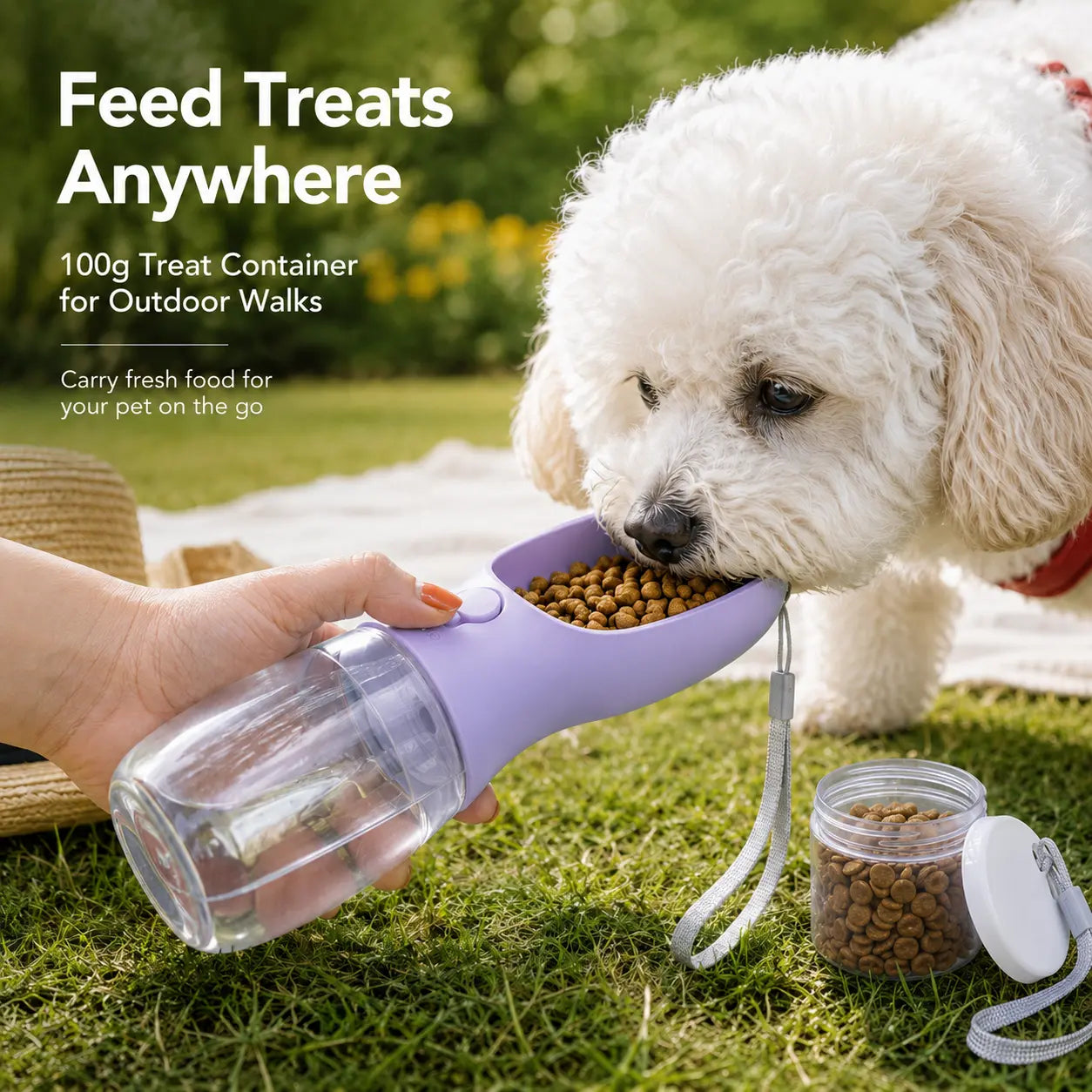 GMOX Portable Dog Water Bottle - Leak-Proof Dispenser with Integrated Bowl and Food Container, Made from Food-Grade Plastic for Outdoor Activities with Pets, Pink