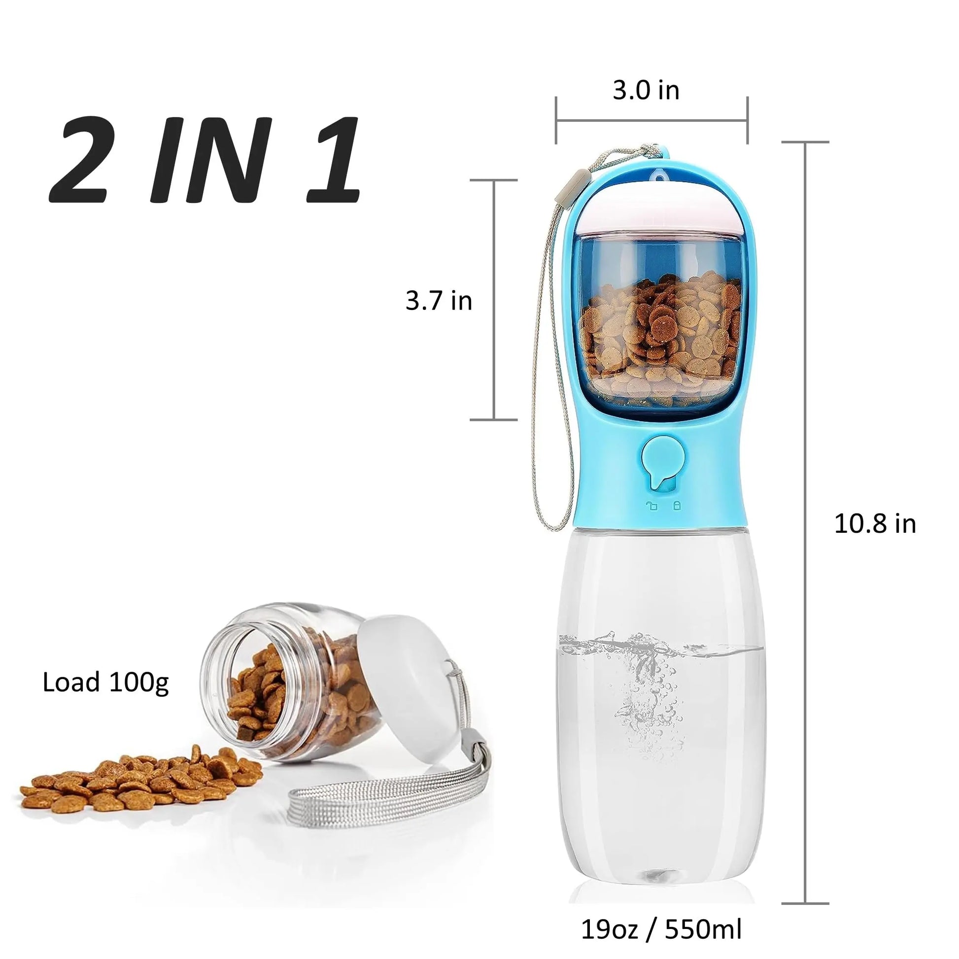 Portable Pet Water Bottle with Food Container for Dogs and Cats - Ideal for Hiking, Travel, and Outdoor Activities (19 Oz)