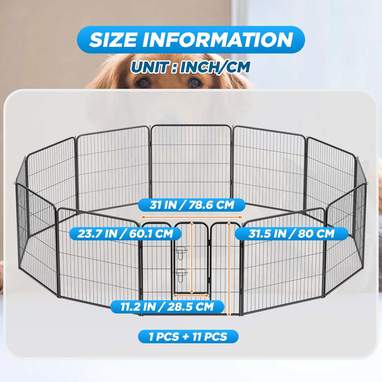 Heavy-Duty Metal Dog Playpen with Lockable Double Doors, Available in 4 to 16 Panels and Heights of 24", 32", and 40" for Indoor and Outdoor Use