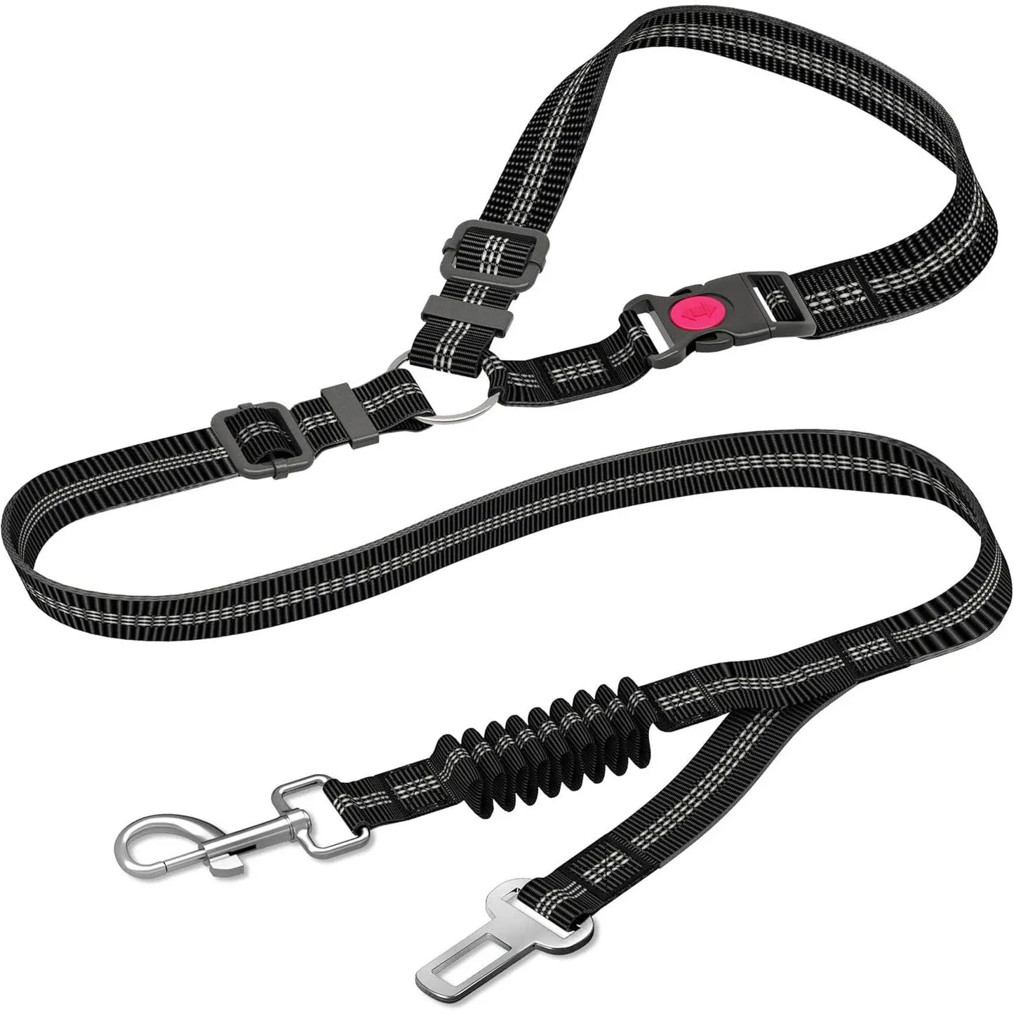 Dog Car Seat Belt – Dual Secure Headrest and Metal Buckle Pet Safety Restraint with Shock Absorbing Bungee