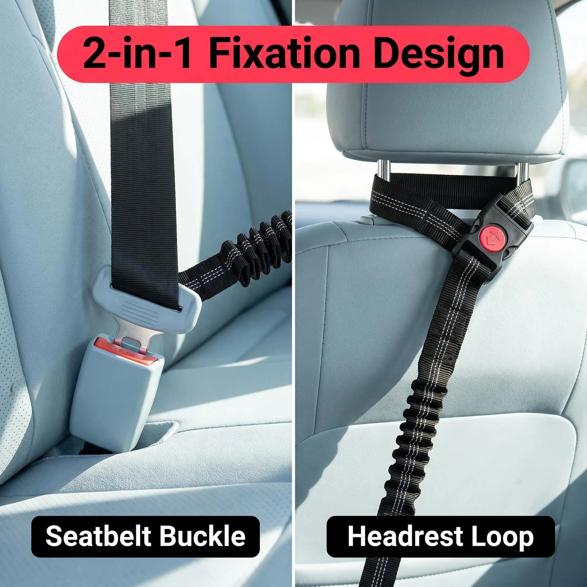 Dog Car Seat Belt – Dual Secure Headrest and Metal Buckle Pet Safety Restraint with Shock Absorbing Bungee