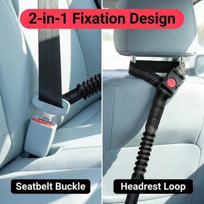 Dog Car Seat Belt – Dual Secure Headrest and Metal Buckle Pet Safety Restraint with Shock Absorbing Bungee