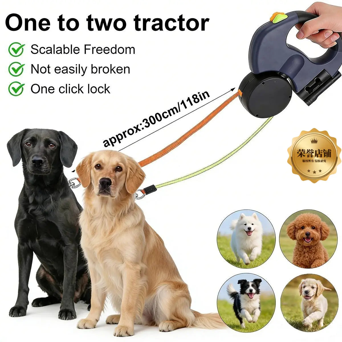 3-Meter Dual Dog Leash — a Retractable Leash Designed Specifically for Two Small Dogs, Featuring an Anti-Tangle Mechanism, a Built-In LED Light, and a Waste Bag Dispenser. It Boasts Reflective Elements, Supports Hands-Free Operation, and Is Ideal for Walk