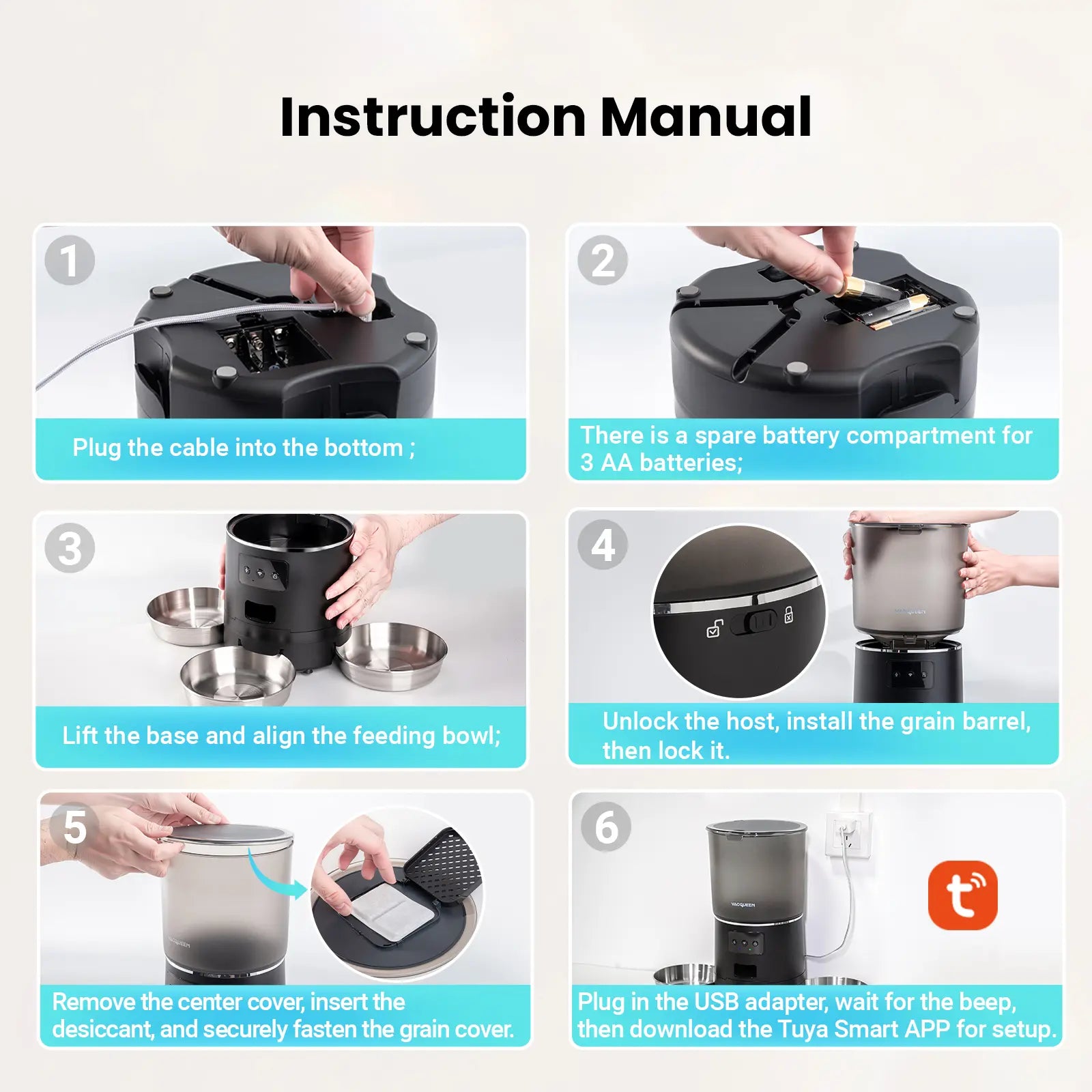 Vacqueen Smart Automatic Cat Feeder for Multiple Cats - Advanced Anti-Jam Technology, Dual-Effect Desiccant System, 6L Capacity with 10-Second Voice Recorder for Cats and Small Dogs