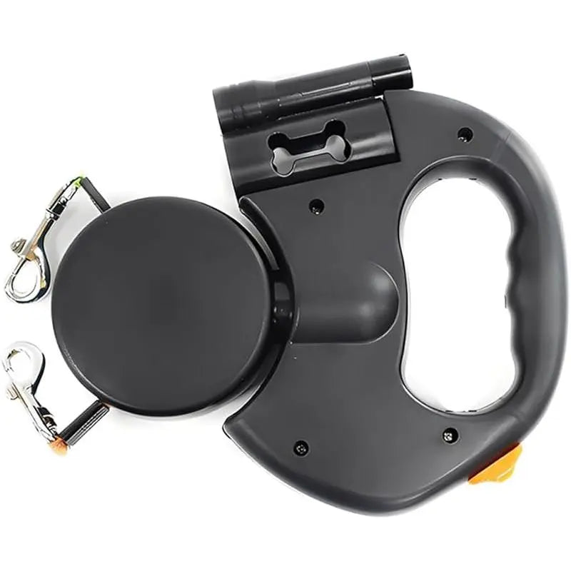 3-Meter Dual Dog Leash — a Retractable Leash Designed Specifically for Two Small Dogs, Featuring an Anti-Tangle Mechanism, a Built-In LED Light, and a Waste Bag Dispenser. It Boasts Reflective Elements, Supports Hands-Free Operation, and Is Ideal for Walk