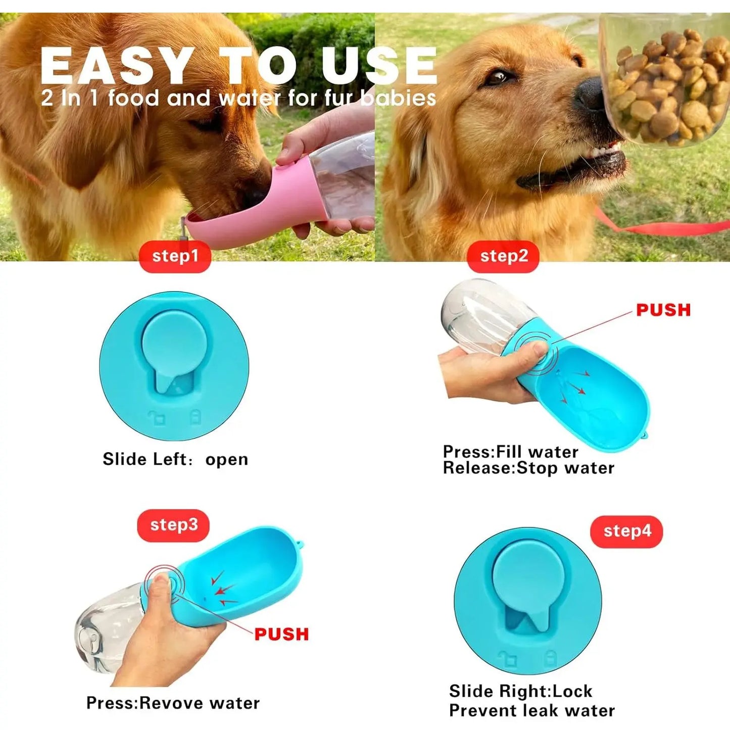Portable Pet Water Bottle with Food Container for Dogs and Cats - Ideal for Hiking, Travel, and Outdoor Activities (19 Oz)