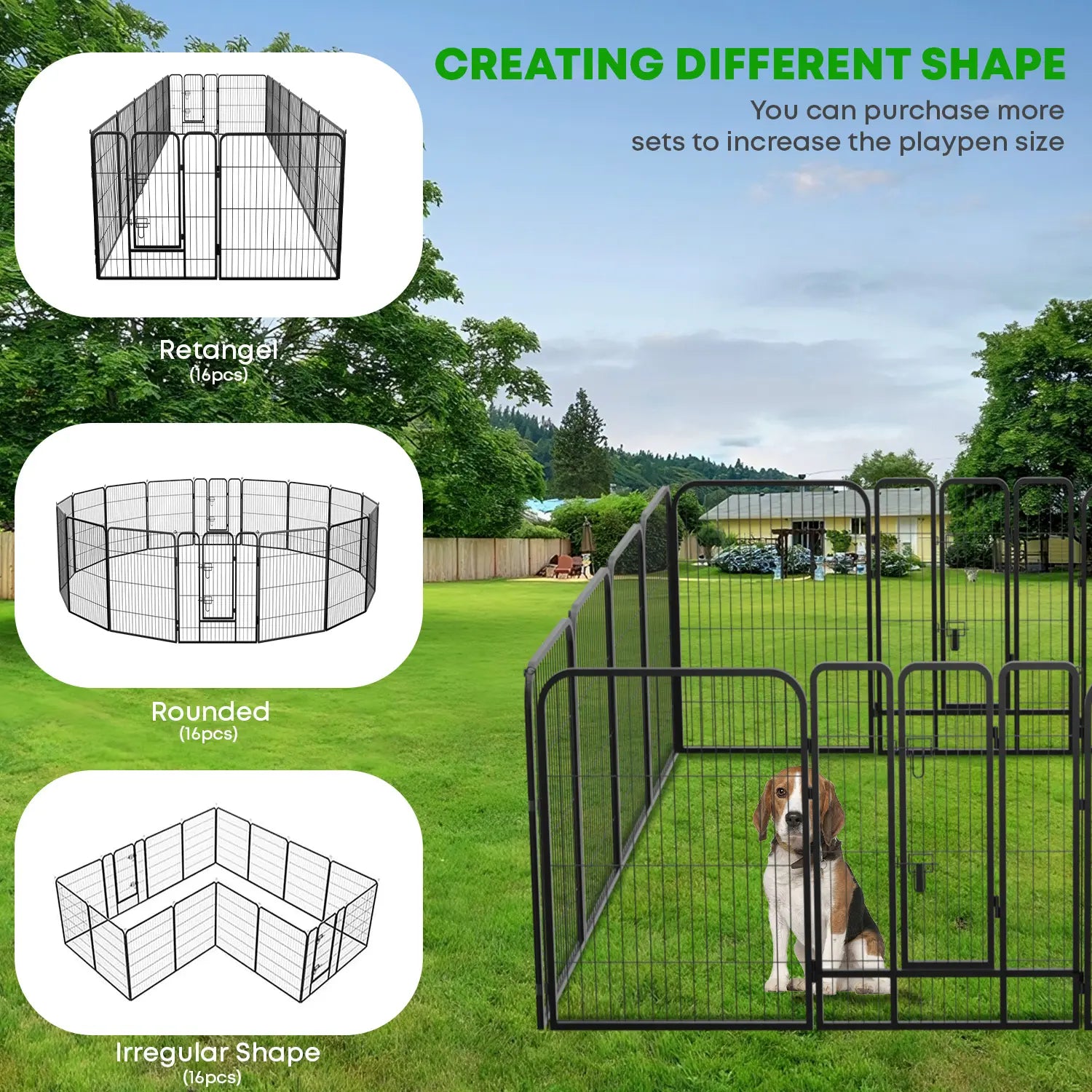 Heavy-Duty Metal Dog Playpen with Lockable Double Doors, Available in 4 to 16 Panels and Heights of 24", 32", and 40" for Indoor and Outdoor Use