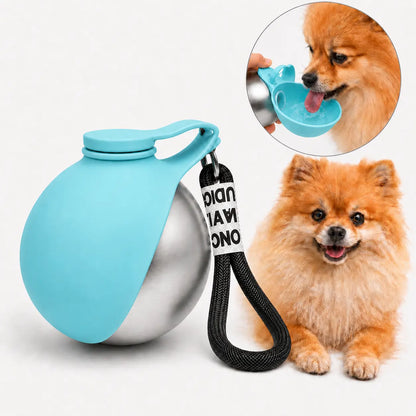 Stainless Steel Leak-Proof Pet Water Bottle with Integrated Drinking Basin - 285ml Ideal for Travel and Outdoor Activities