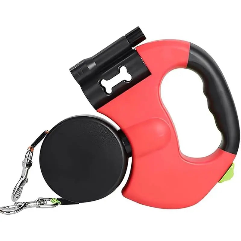 3-Meter Dual Dog Leash — a Retractable Leash Designed Specifically for Two Small Dogs, Featuring an Anti-Tangle Mechanism, a Built-In LED Light, and a Waste Bag Dispenser. It Boasts Reflective Elements, Supports Hands-Free Operation, and Is Ideal for Walk