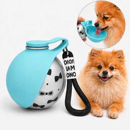 Stainless Steel Leak-Proof Pet Water Bottle with Integrated Drinking Basin - 285ml Ideal for Travel and Outdoor Activities