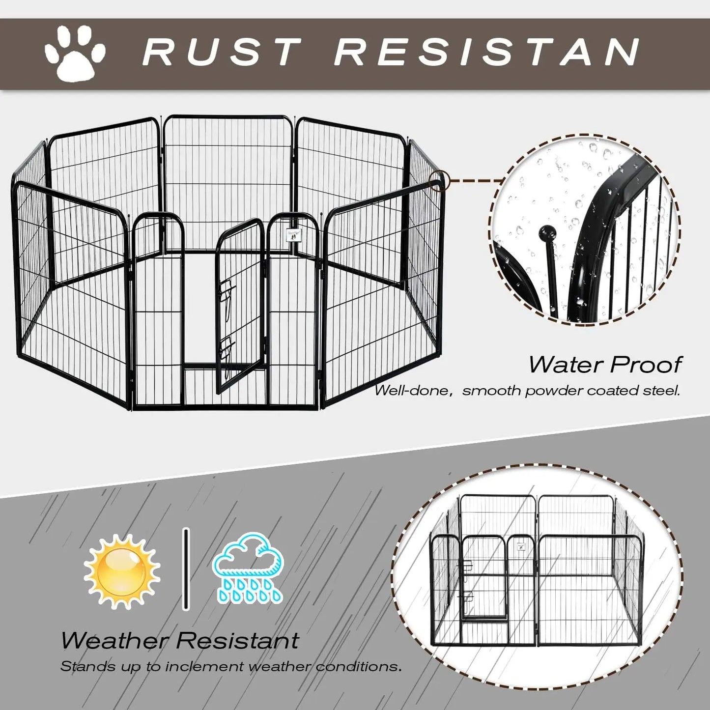 Heavy-Duty Metal Dog Playpen with Lockable Double Doors, Available in 4 to 16 Panels and Heights of 24", 32", and 40" for Indoor and Outdoor Use