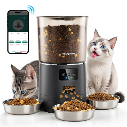 Vacqueen Smart Automatic Cat Feeder for Multiple Cats - Advanced Anti-Jam Technology, Dual-Effect Desiccant System, 6L Capacity with 10-Second Voice Recorder for Cats and Small Dogs