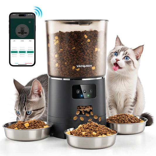 Vacqueen Smart Automatic Cat Feeder for Multiple Cats - Advanced Anti-Jam Technology, Dual-Effect Desiccant System, 6L Capacity with 10-Second Voice Recorder for Cats and Small Dogs