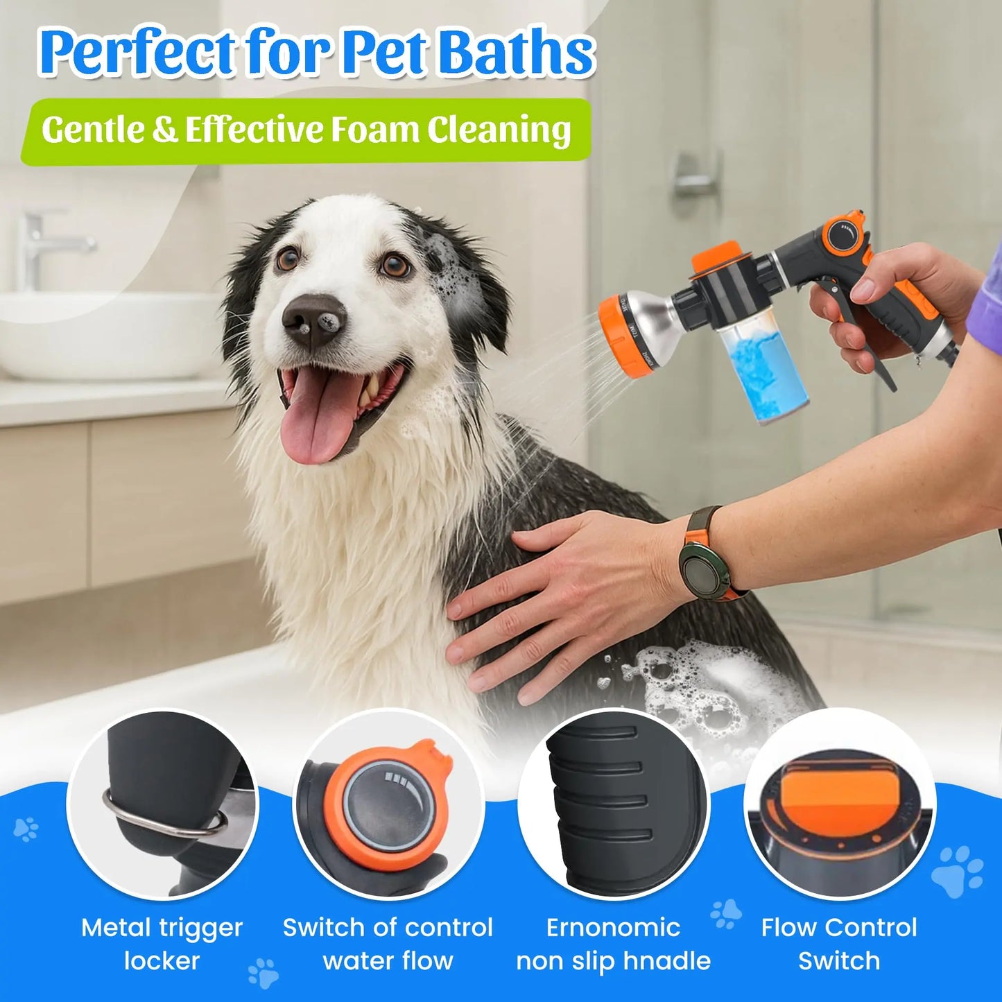 Professional Dog Washing Kit with Hose Attachment, Shampoo Sprayer, Drying Towel, Toothbrush, and Scrubber for Tub Use