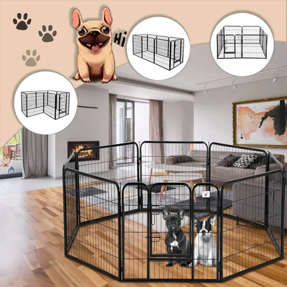 Heavy-Duty Metal Dog Playpen with Lockable Double Doors, Available in 4 to 16 Panels and Heights of 24", 32", and 40" for Indoor and Outdoor Use