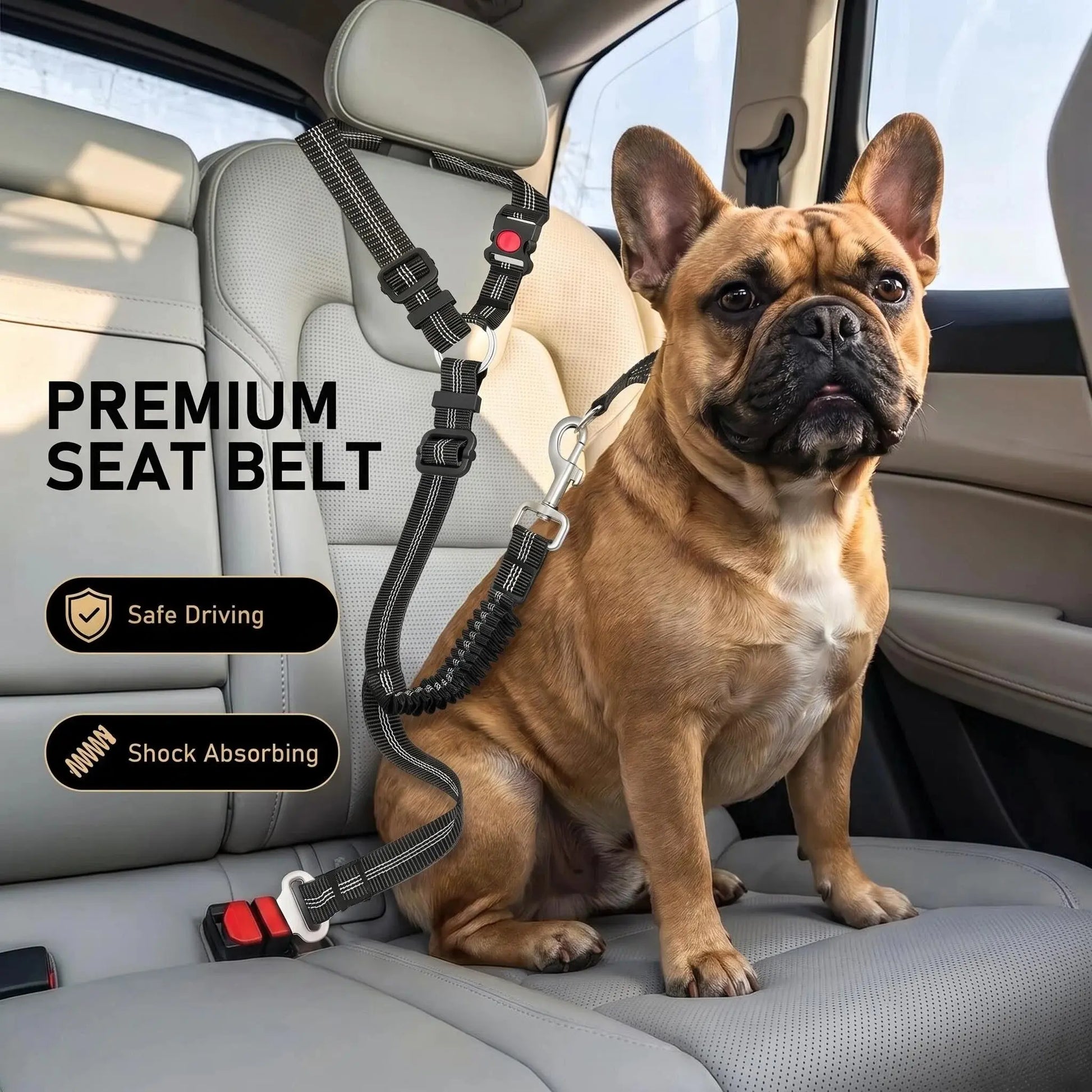 Dog Car Seat Belt – Dual Secure Headrest and Metal Buckle Pet Safety Restraint with Shock Absorbing Bungee