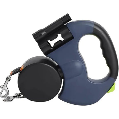 3-Meter Dual Dog Leash — a Retractable Leash Designed Specifically for Two Small Dogs, Featuring an Anti-Tangle Mechanism, a Built-In LED Light, and a Waste Bag Dispenser. It Boasts Reflective Elements, Supports Hands-Free Operation, and Is Ideal for Walk