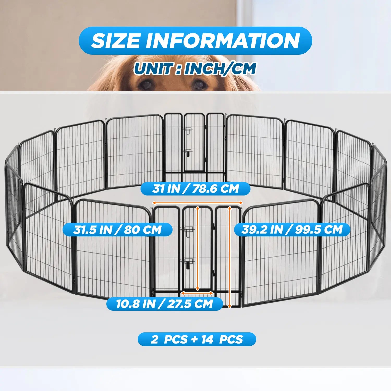 Heavy-Duty Metal Dog Playpen with Lockable Double Doors, Available in 4 to 16 Panels and Heights of 24", 32", and 40" for Indoor and Outdoor Use