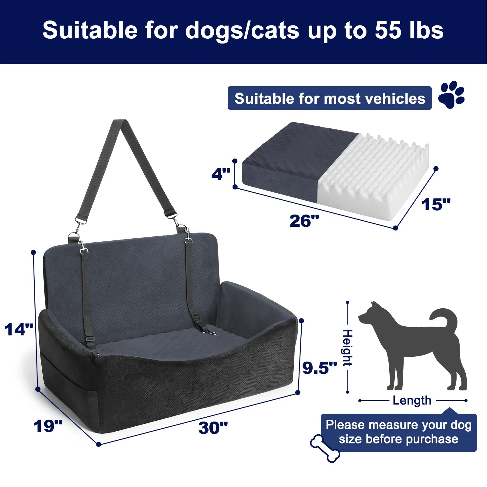 Luxury Memory Foam Dog Car Seat for Small to Medium Pets - Removable, Machine Washable, Adjustable Safety Leash, Soft Breathable Fabric, and Storage Pocket - Ideal for Travel in SUVs (Up to 30 lbs)