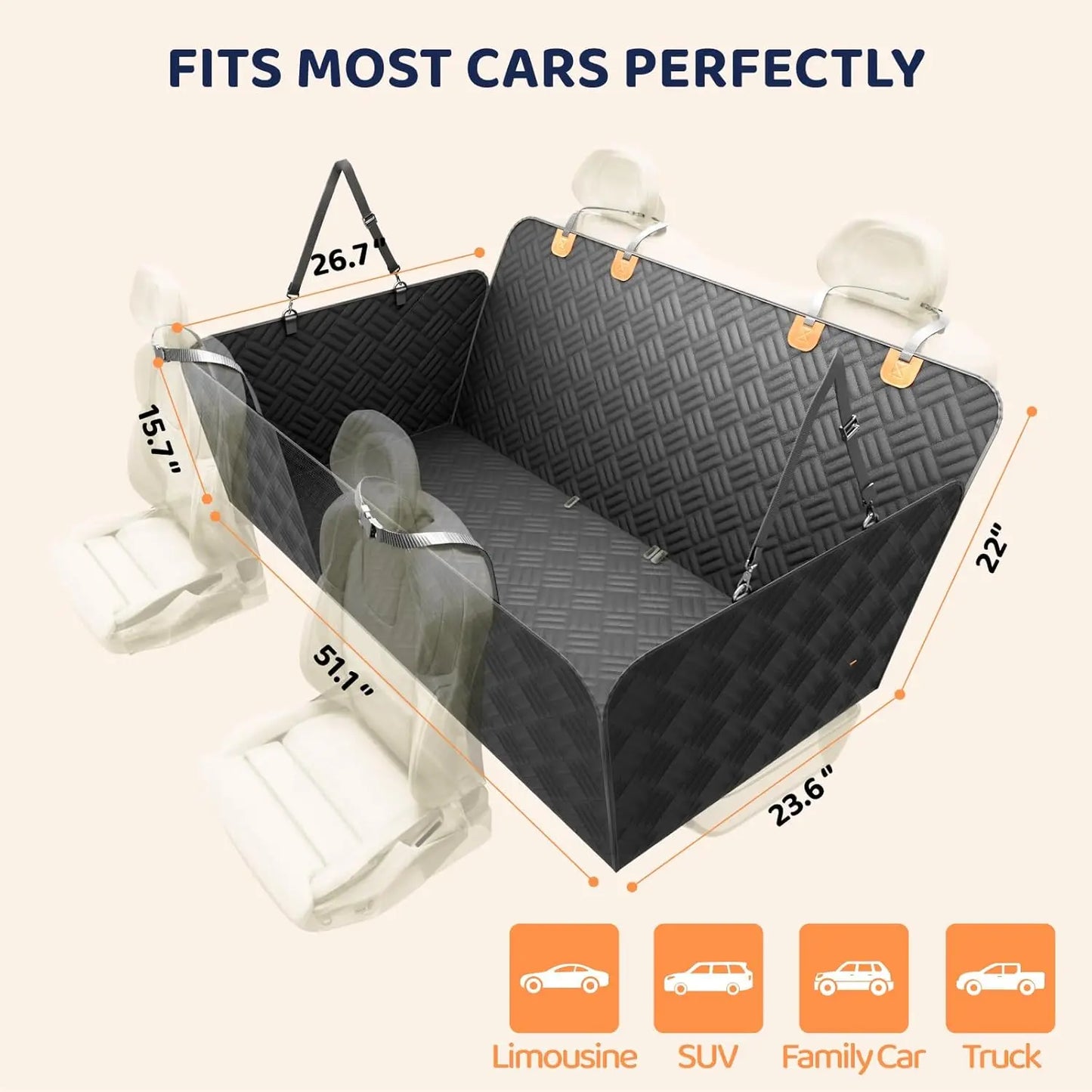 Dog Back Seat Extender for Vehicles - Heavy Duty Waterproof Pet Hammock and Cover, Supports 400 lbs, Ideal for Cars and SUVs, Black