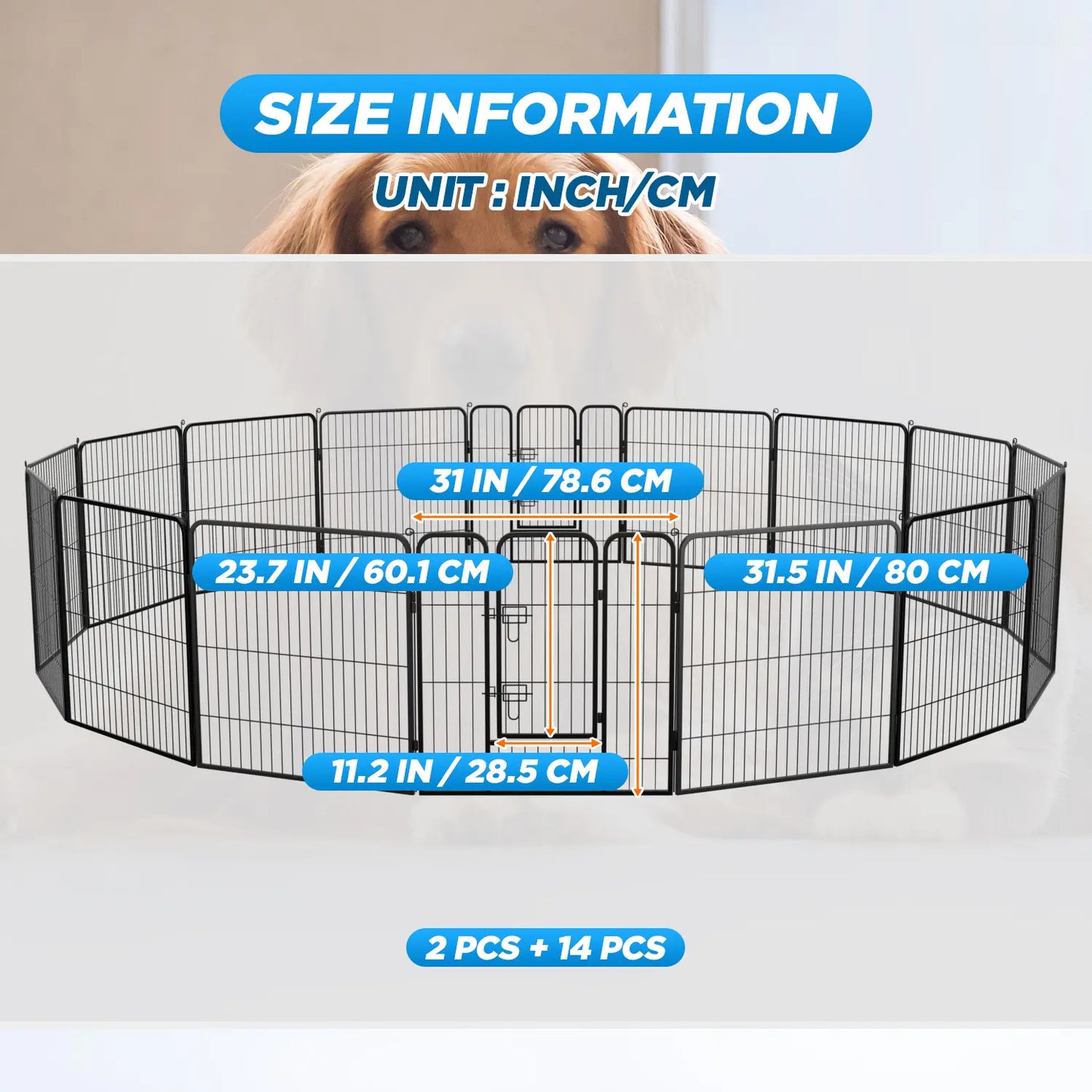 Heavy-Duty Metal Dog Playpen with Lockable Double Doors, Available in 4 to 16 Panels and Heights of 24", 32", and 40" for Indoor and Outdoor Use
