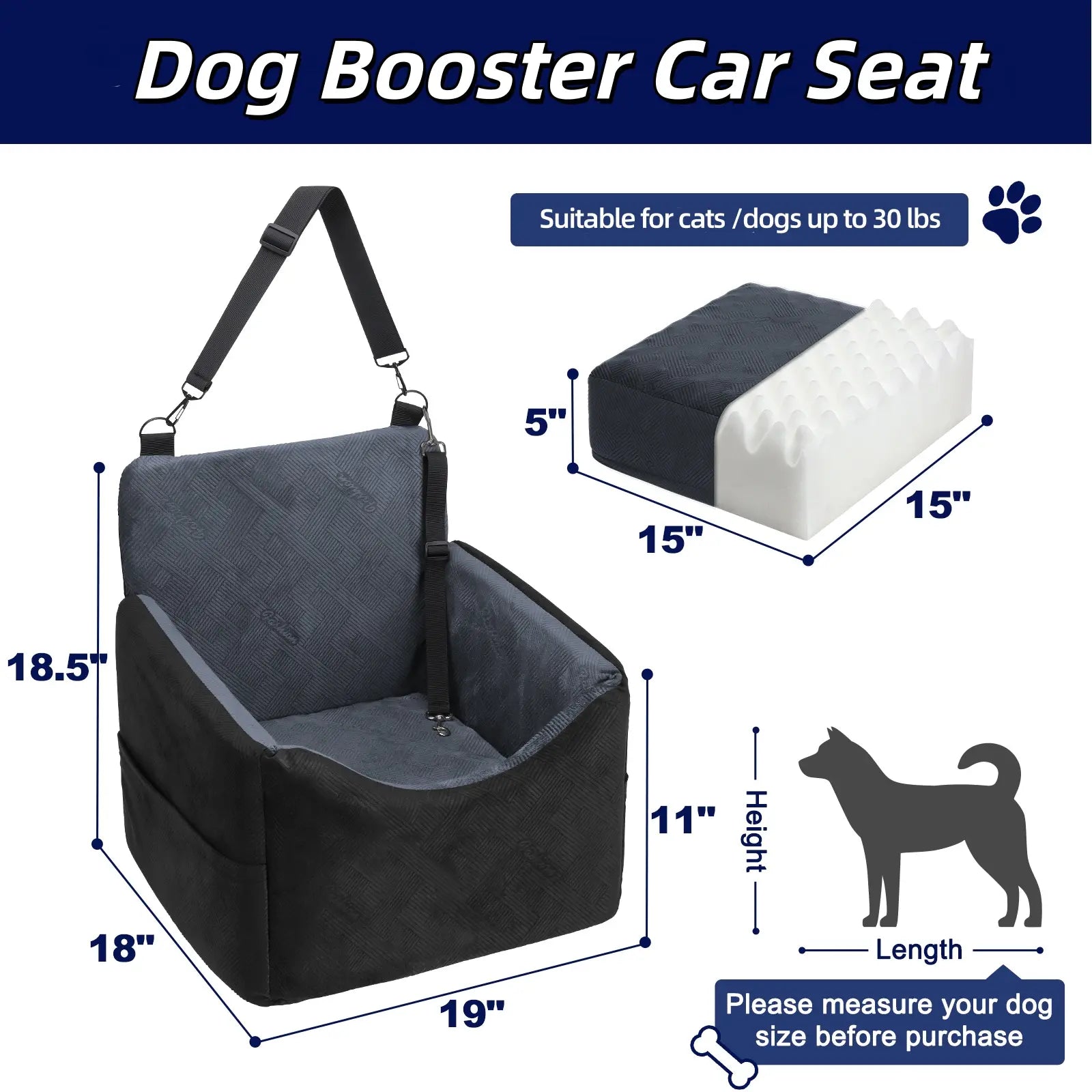 Luxury Memory Foam Dog Car Seat for Small to Medium Pets - Removable, Machine Washable, Adjustable Safety Leash, Soft Breathable Fabric, and Storage Pocket - Ideal for Travel in SUVs (Up to 30 lbs)