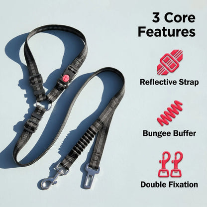 Dog Car Seat Belt – Dual Secure Headrest and Metal Buckle Pet Safety Restraint with Shock Absorbing Bungee