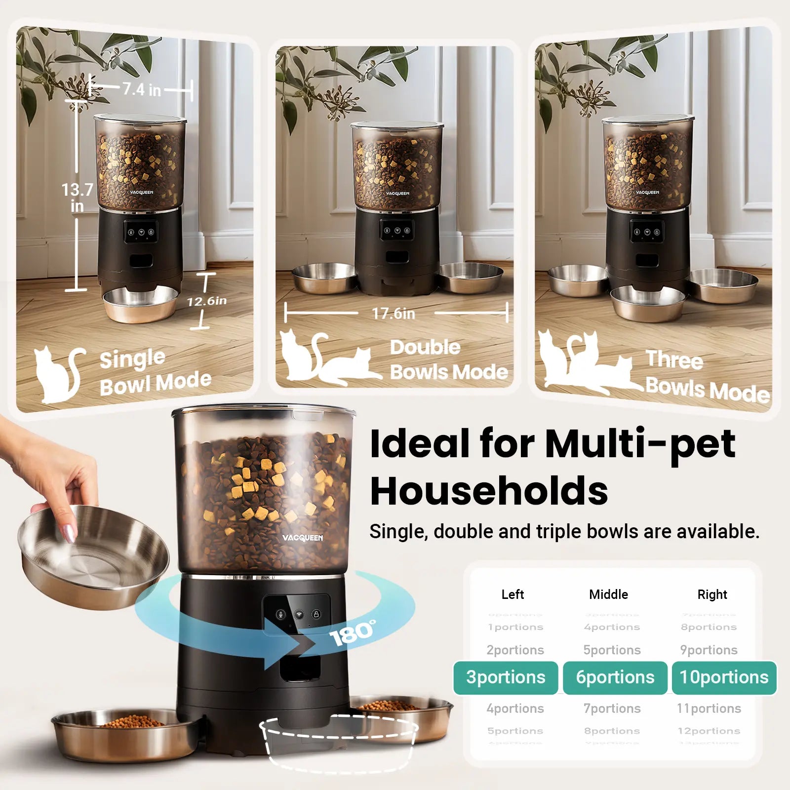 Vacqueen Smart Automatic Cat Feeder for Multiple Cats - Advanced Anti-Jam Technology, Dual-Effect Desiccant System, 6L Capacity with 10-Second Voice Recorder for Cats and Small Dogs