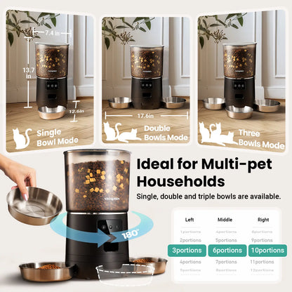Vacqueen Smart Automatic Cat Feeder for Multiple Cats - Advanced Anti-Jam Technology, Dual-Effect Desiccant System, 6L Capacity with 10-Second Voice Recorder for Cats and Small Dogs