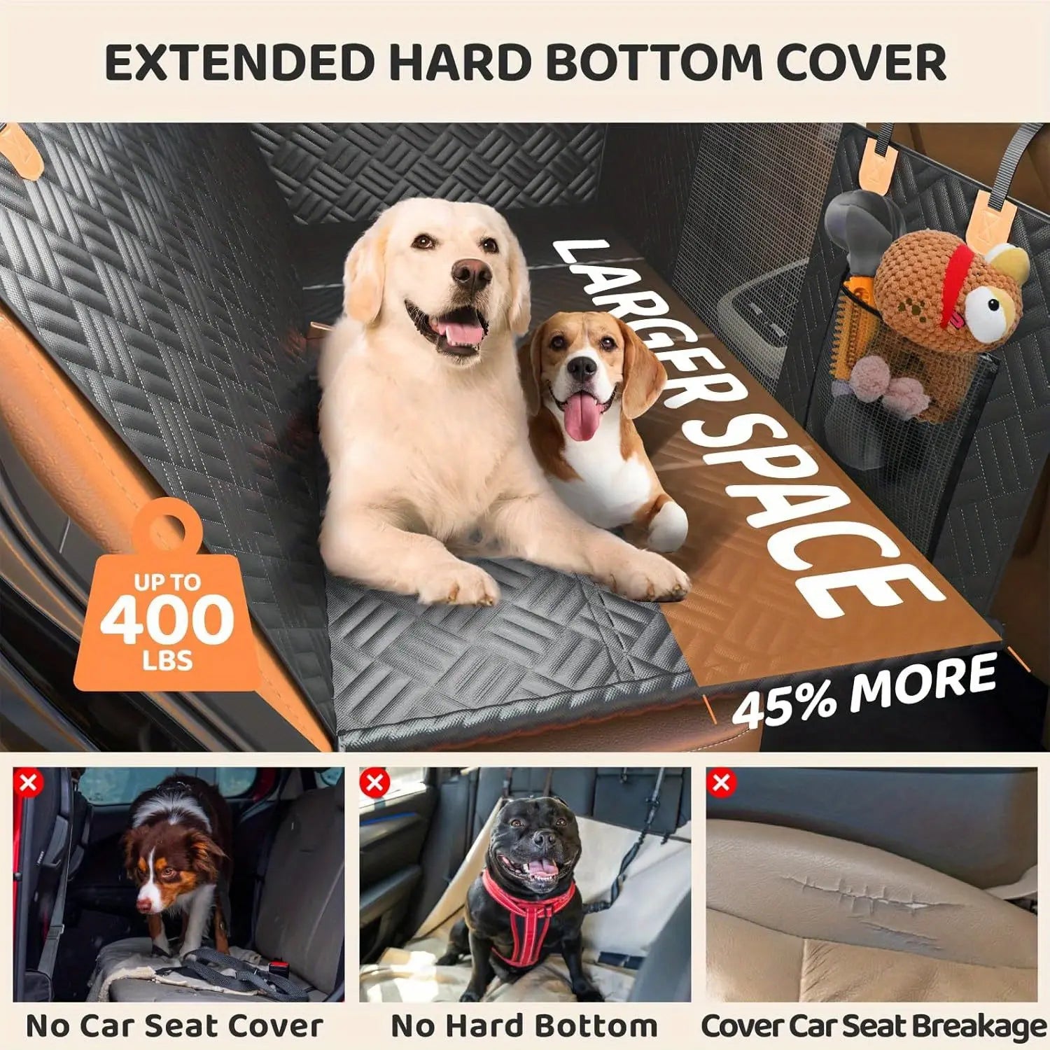 Dog Back Seat Extender for Vehicles - Heavy Duty Waterproof Pet Hammock and Cover, Supports 400 lbs, Ideal for Cars and SUVs, Black
