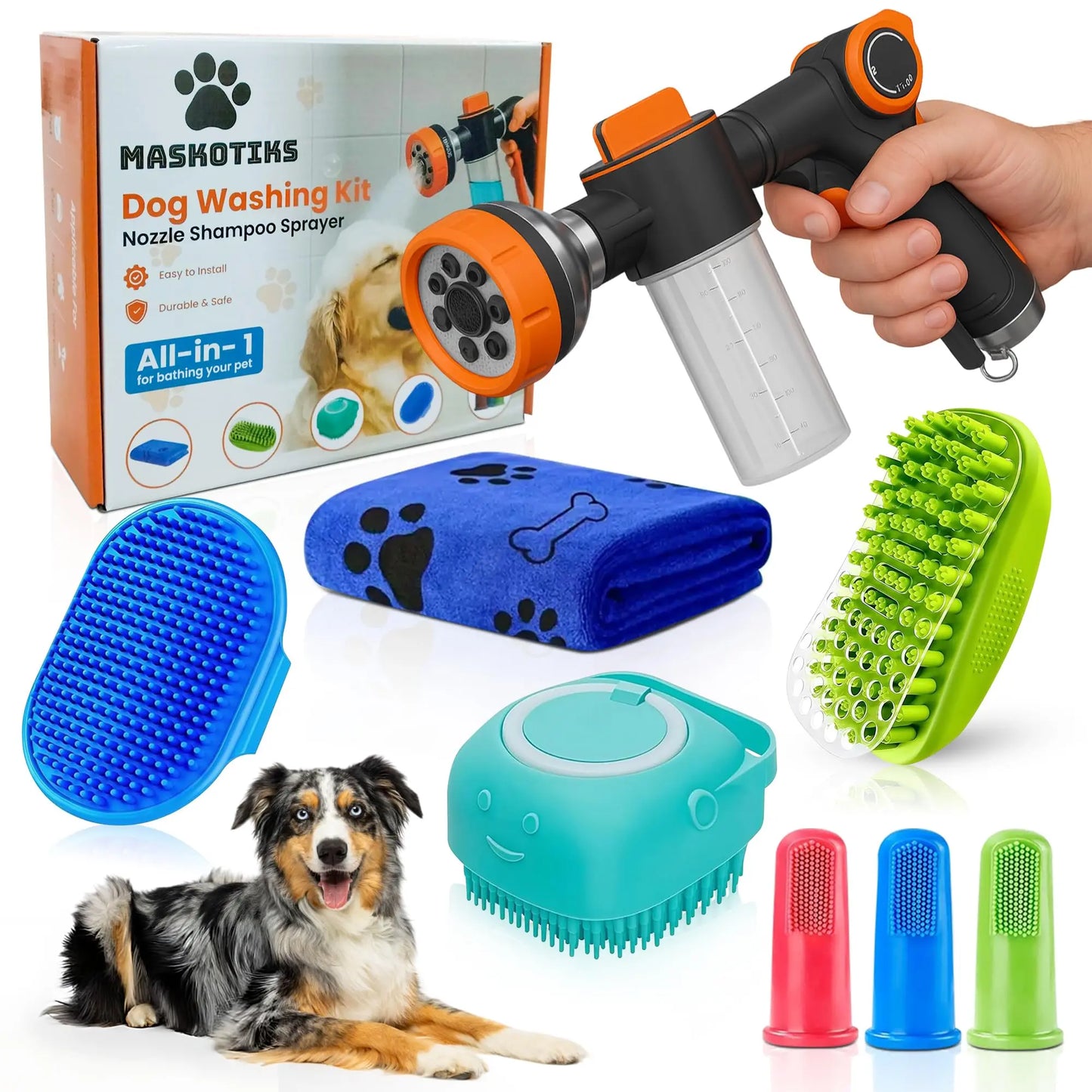 Professional Dog Washing Kit with Hose Attachment, Shampoo Sprayer, Drying Towel, Toothbrush, and Scrubber for Tub Use