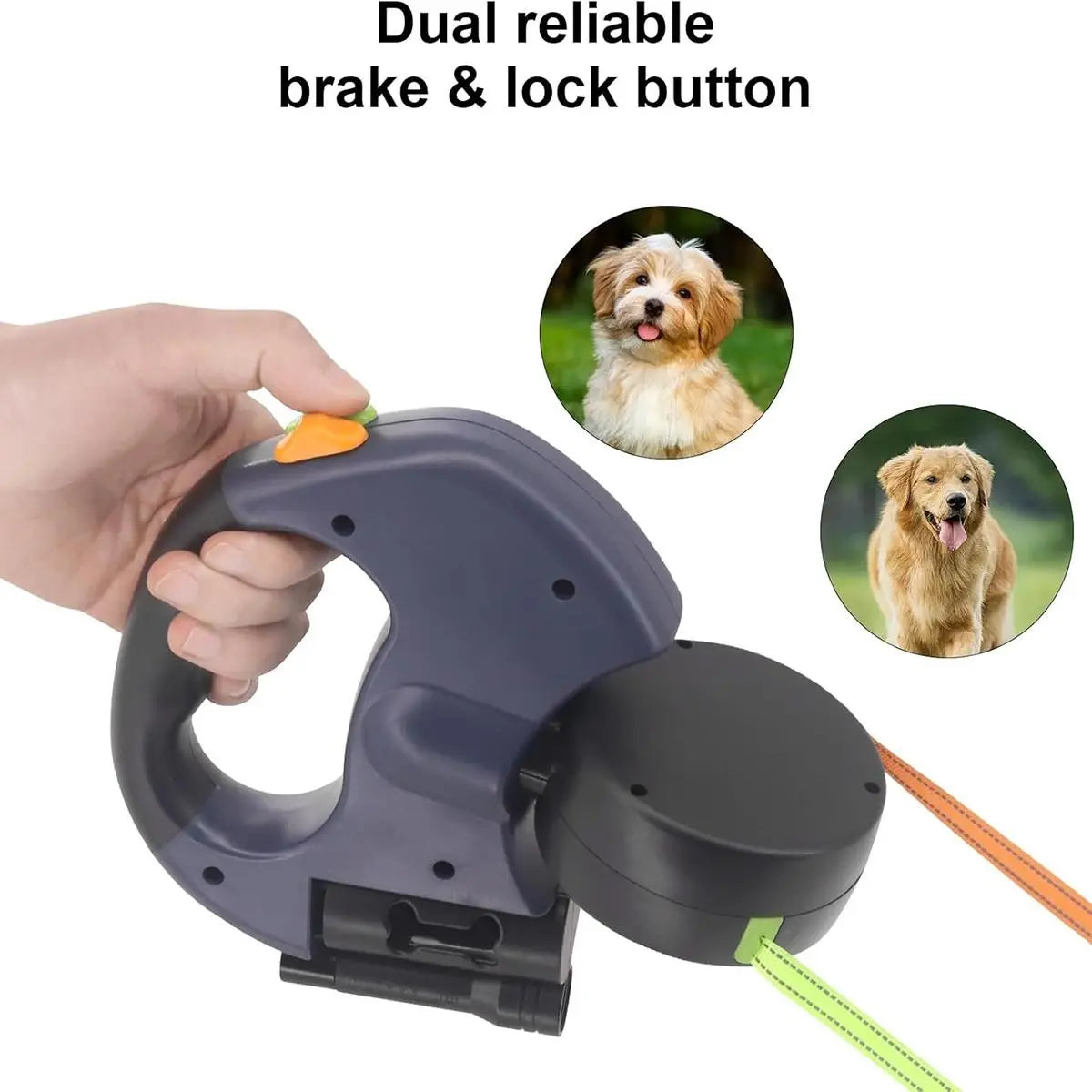 3-Meter Dual Dog Leash — a Retractable Leash Designed Specifically for Two Small Dogs, Featuring an Anti-Tangle Mechanism, a Built-In LED Light, and a Waste Bag Dispenser. It Boasts Reflective Elements, Supports Hands-Free Operation, and Is Ideal for Walk