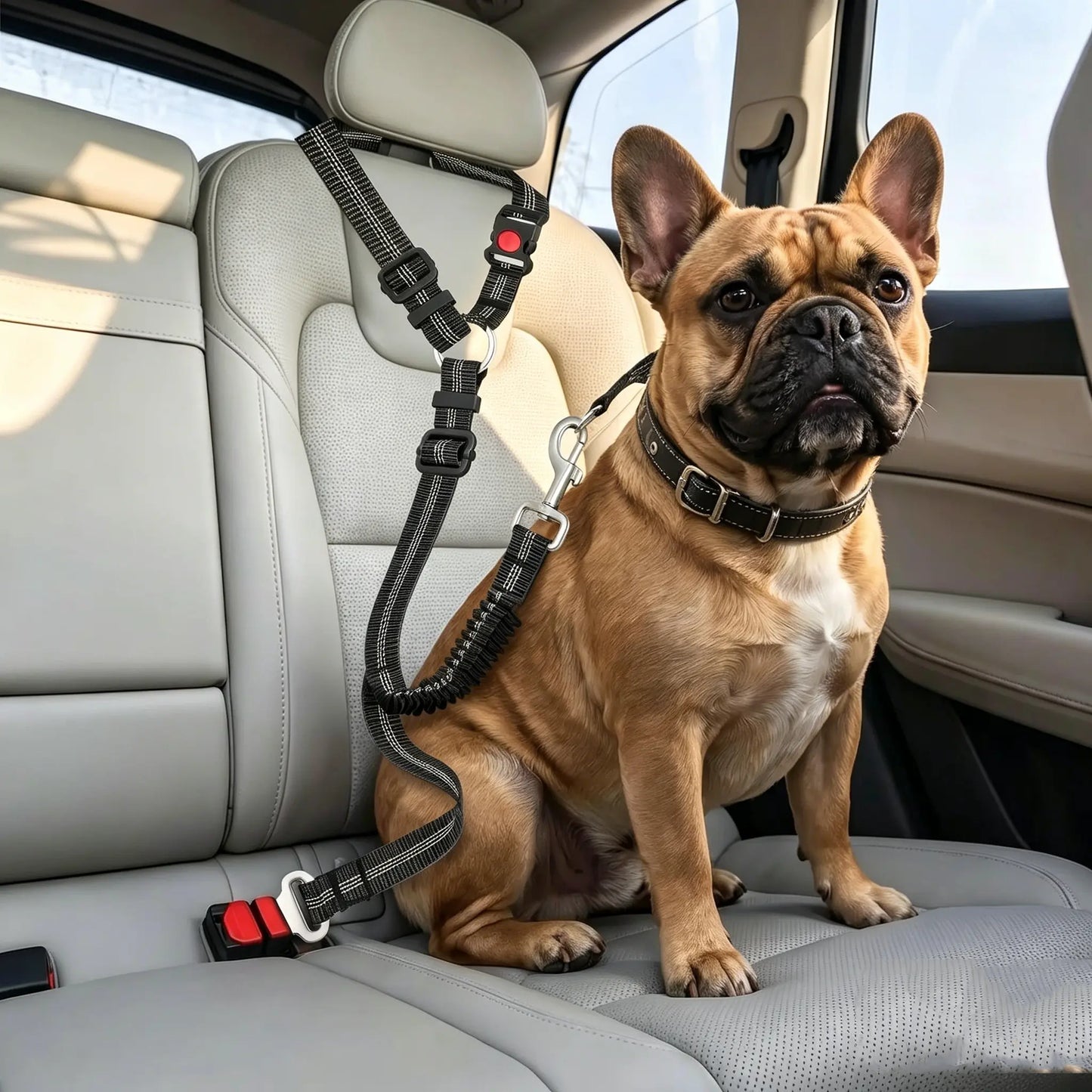 Dog Car Seat Belt – Dual Secure Headrest and Metal Buckle Pet Safety Restraint with Shock Absorbing Bungee