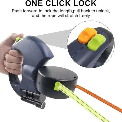 3-Meter Dual Dog Leash — a Retractable Leash Designed Specifically for Two Small Dogs, Featuring an Anti-Tangle Mechanism, a Built-In LED Light, and a Waste Bag Dispenser. It Boasts Reflective Elements, Supports Hands-Free Operation, and Is Ideal for Walk