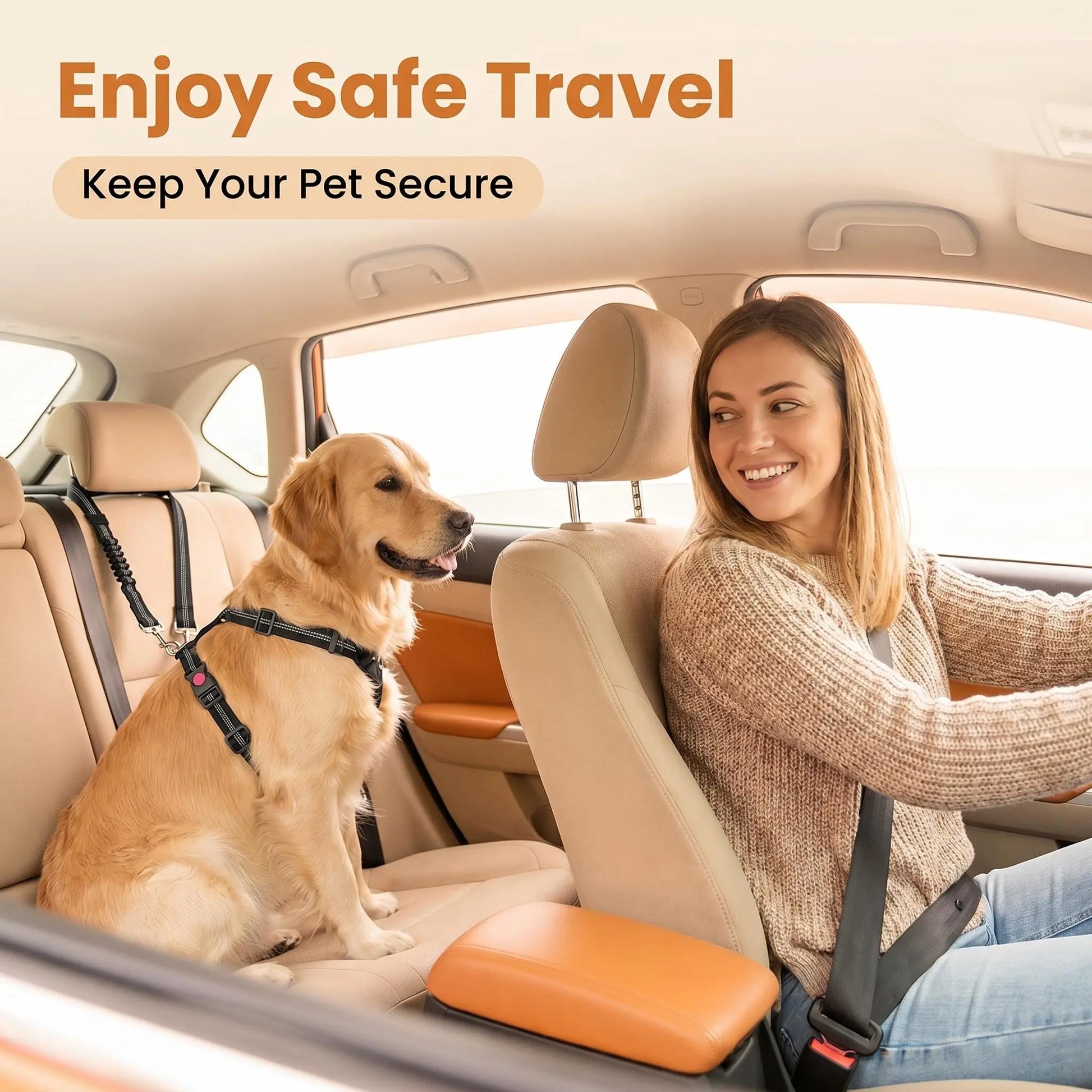 Dog Car Seat Belt – Dual Secure Headrest and Metal Buckle Pet Safety Restraint with Shock Absorbing Bungee
