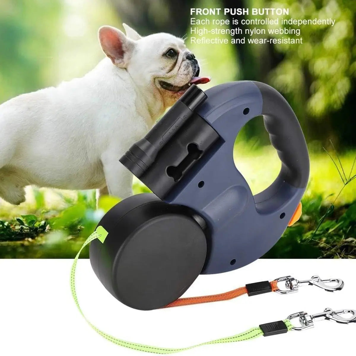 3-Meter Dual Dog Leash — a Retractable Leash Designed Specifically for Two Small Dogs, Featuring an Anti-Tangle Mechanism, a Built-In LED Light, and a Waste Bag Dispenser. It Boasts Reflective Elements, Supports Hands-Free Operation, and Is Ideal for Walk